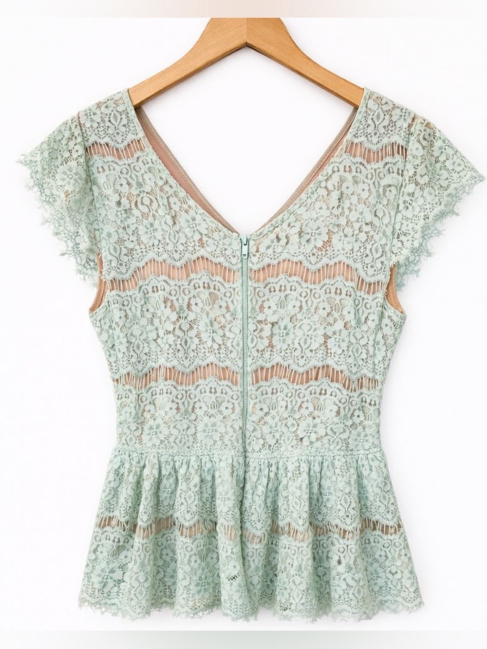 Anthropologie Maeve Mint Green Lace Peplum Blouse Size L Cottagecore Feminine - Picture 2 of 6